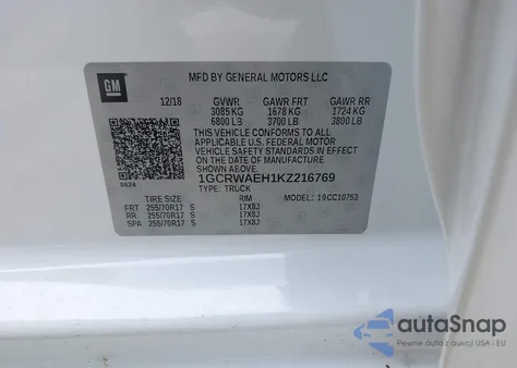 2019 Chevrolet Silverado 1500 Work Truck from USA, damaged, VIN 1GCRWAEH1KZ216769